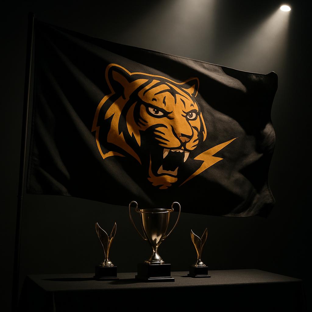 Un banner avec le logo d'un tigre éclairé par un projeteur mis sur trois trophées de prestige accumulés au fil des victoires.