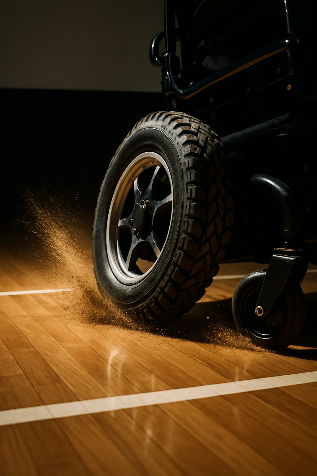 Title: Curb Ramp Stringt Description for Visually Impaired Audience A black electric wheelchair with orange lights that al...